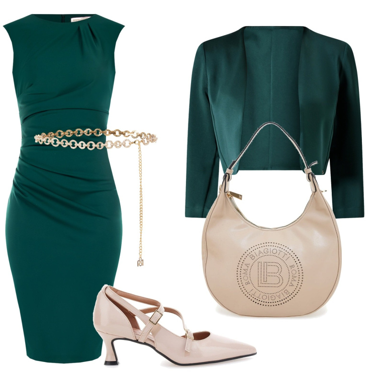 Outfit donna - Tubino bosco. Stile Casual chic per Tutti i giorni. Abbinamento con vestiti a tubino, cinture, bolero, borse a spalla, décolleté.