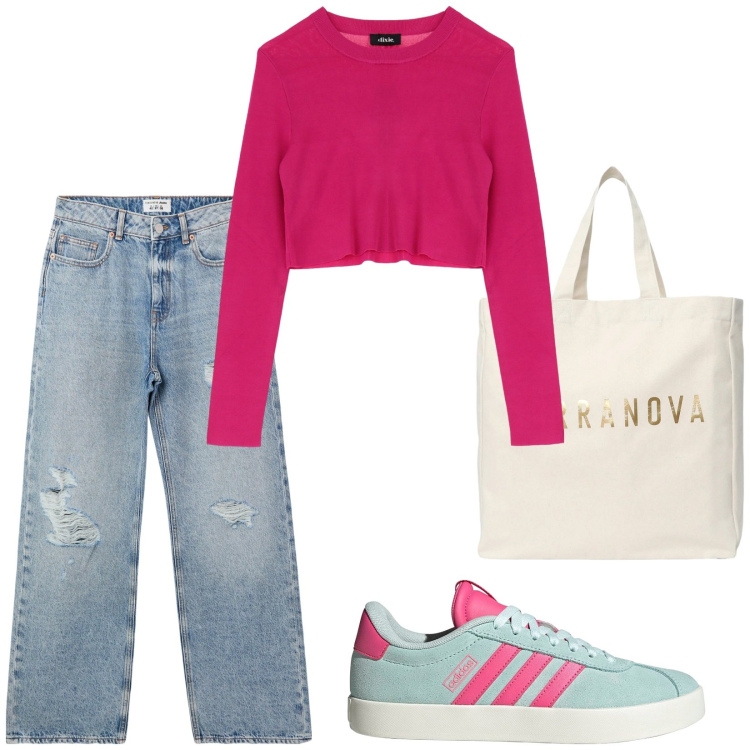 Outfit donna - Total look #2240592. Stile Trendy per Scuola/Università. Abbinamento con jeans strappati, borse tote, pullovers, sneakers.
