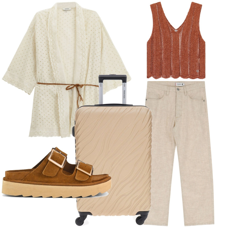 Outfit donna - Holiday. Stile Etnico per Tutti i giorni. Abbinamento con top, pantaloni, cappotti, sandali in pelle, valigie.