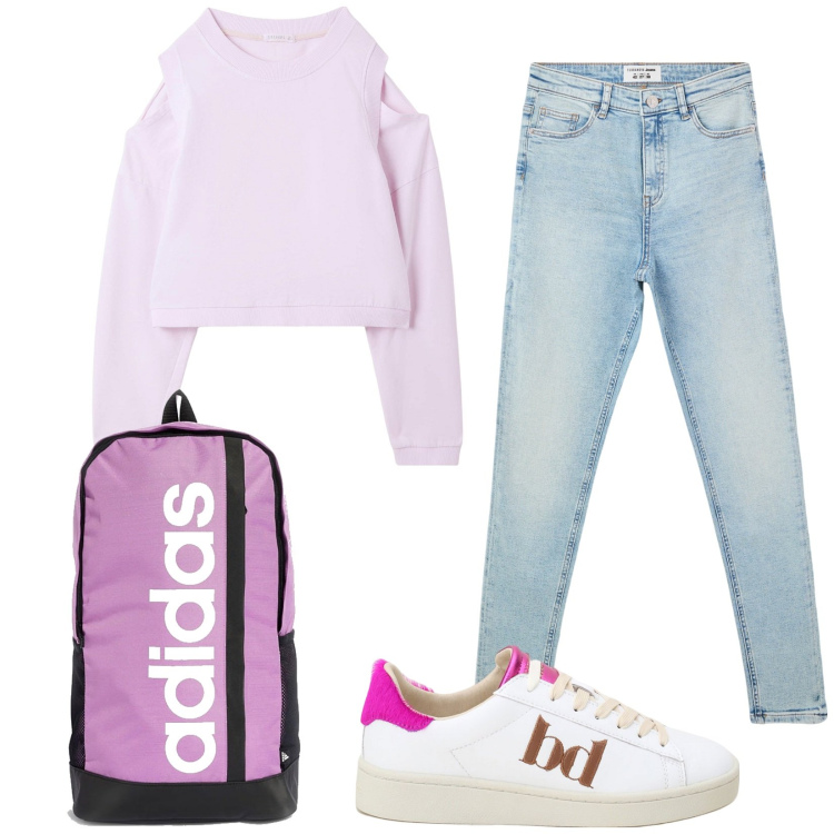 Outfit donna - Total look #2240597. Stile Trendy per Scuola/Università. Abbinamento con jeans skinny, felpe, sneakers, zaini.