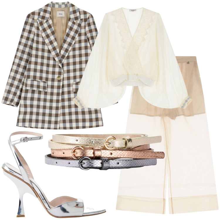 Outfit donna - Blazer e trasparenze in silver. Stile Glamour per Tutti i giorni. Abbinamento con cinture, blazer, décolleté, bluse, jeans.