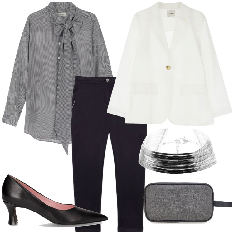 Outfit donna - La giacca maschile. Stile Minimal per Serata fuori. Abbinamento con braccialetti, camicie, blazer, pantaloni chino, décolleté, valigie.
