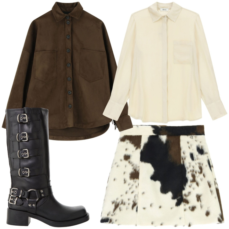Outfit donna - Blazer and cow. Stile Casual chic per Tutti i giorni. Abbinamento con minigonne, stivali, camicie, blazer.