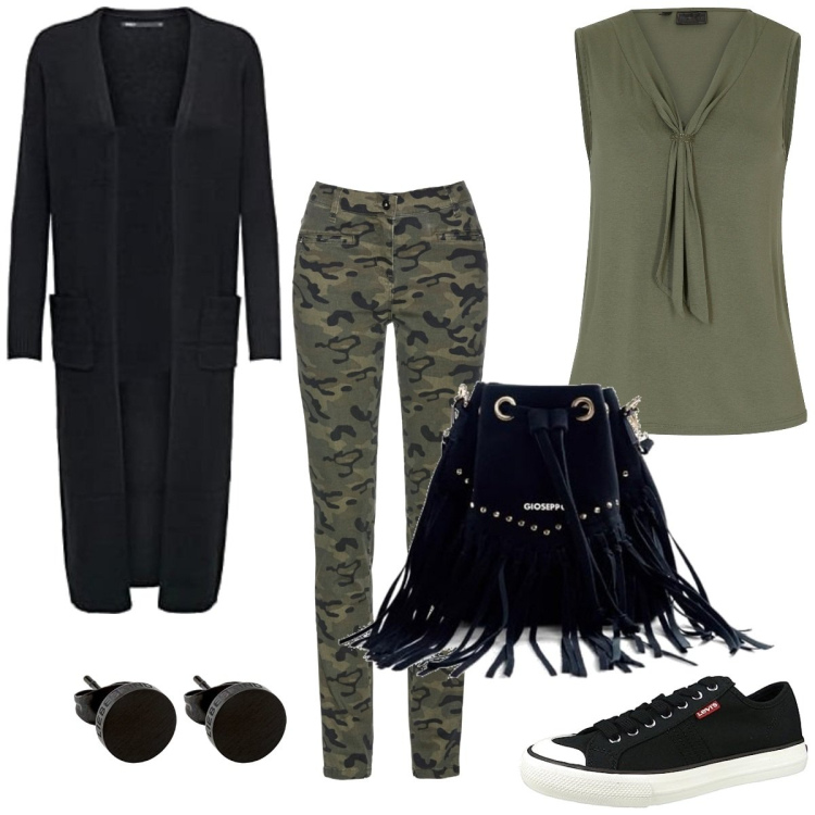 Outfit femme - Septembre militaire. Style Militaire pour Tous les jours. Assortir avec pantalons longs, hauts, sneakers, boucles d'oreilles, gilets, sacs en bandoulière.
