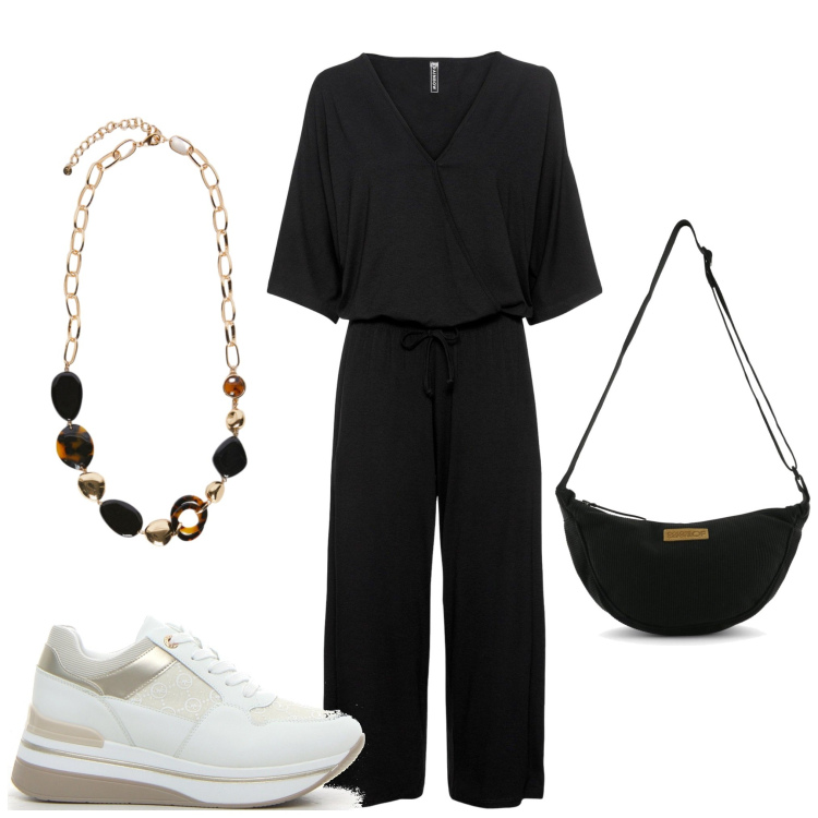 Outfit donna - Jumpsuit sporty chic. Stile Chic per Serata fuori. Abbinamento con tute, sneakers, collane, borse a tracolla.