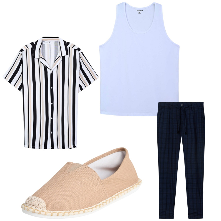 Outfit uomo - Ultimi giorni in estate. Stile Casual per Tutti i giorni. Abbinamento con espadrillas, canottiere, camicie a manica corta, pantaloni.