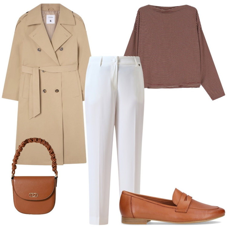 Outfit donna - Giorno. Stile Urban per Tutti i giorni. Abbinamento con trench, pantaloni, borse a mano, maglieria, mocassini.