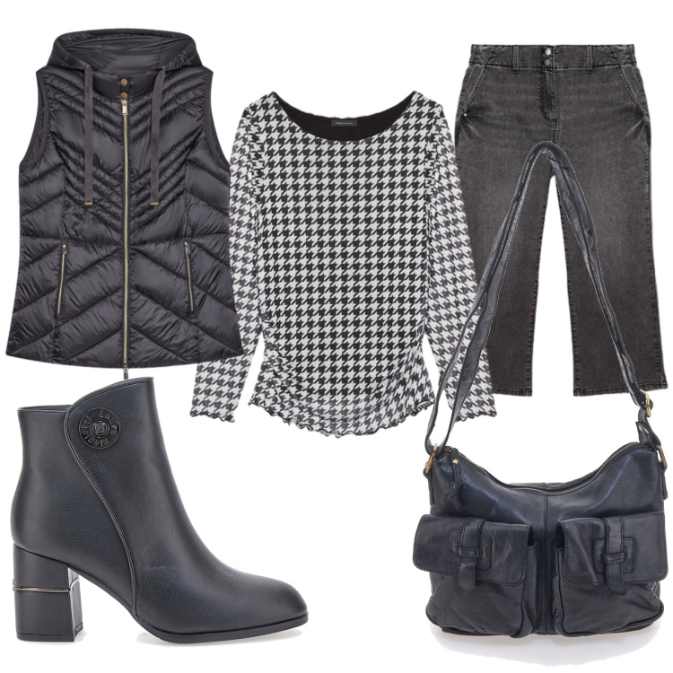 Outfit donna - Total look #2240638. Stile Urban per Ufficio. Abbinamento con bluse, piumini, jeans, stivaletti, borse a tracolla.