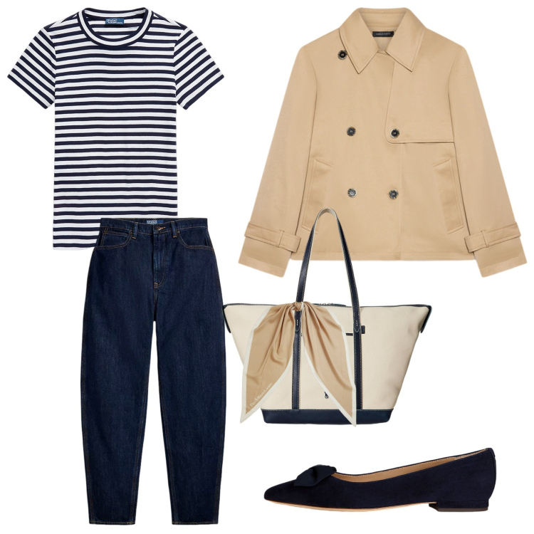Outfit donna - Easy, chic, comfy. Stile Casual chic per Tutti i giorni. Abbinamento con t-shirt, borse tote, foulard, jeans, ballerine, trench.