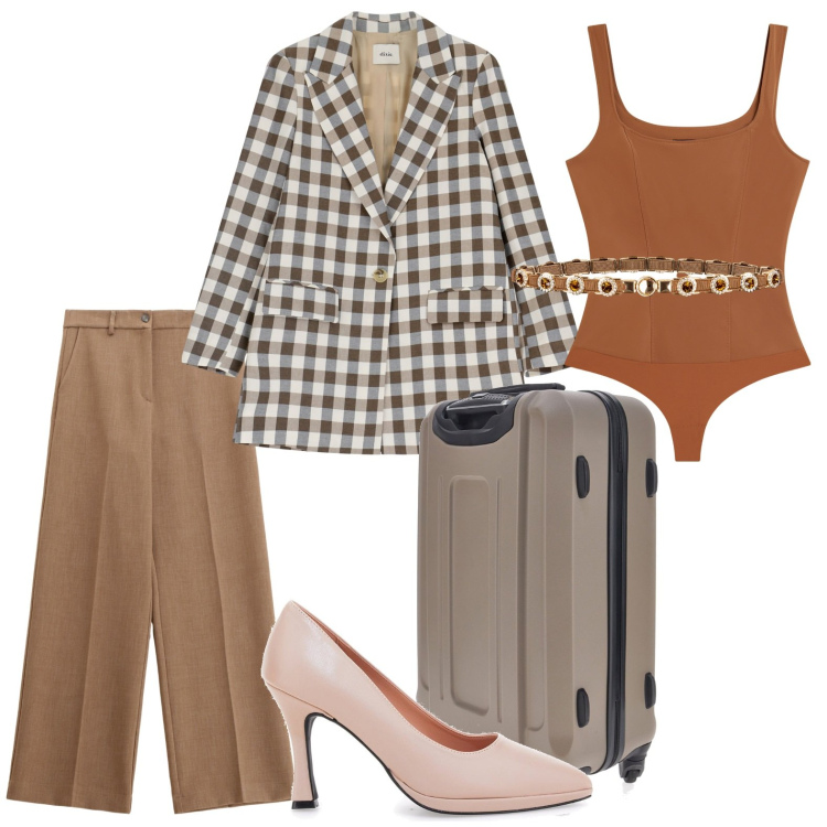 Outfit donna - Blazer Season. Stile Casual chic per Tutti i giorni. Abbinamento con cinture, pantaloni, body, blazer, décolleté, valigie.