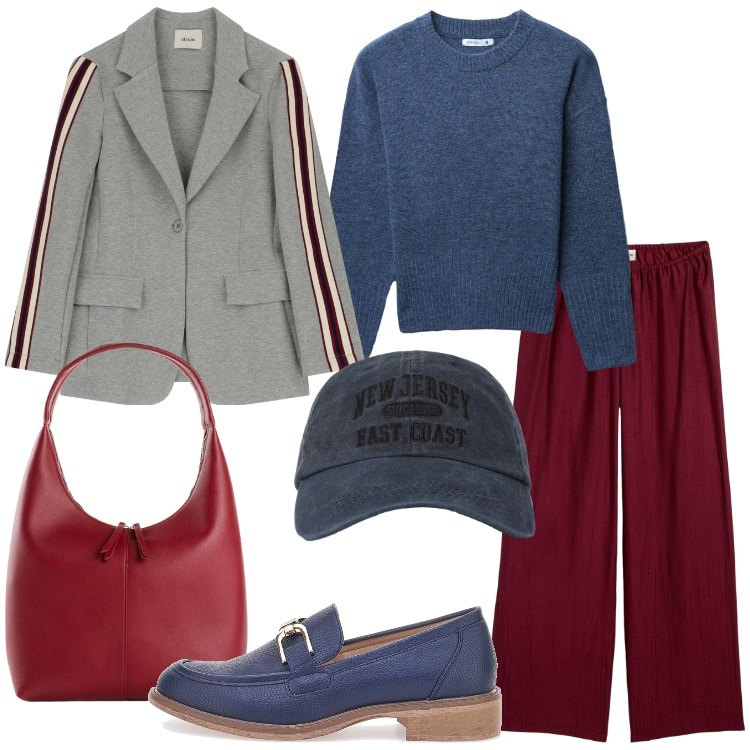 Outfit donna - Blazer Season. Stile Urban per Tutti i giorni. Abbinamento con shopping bag, pantaloni, cappelli con visiera, maglieria, blazer, mocassini.