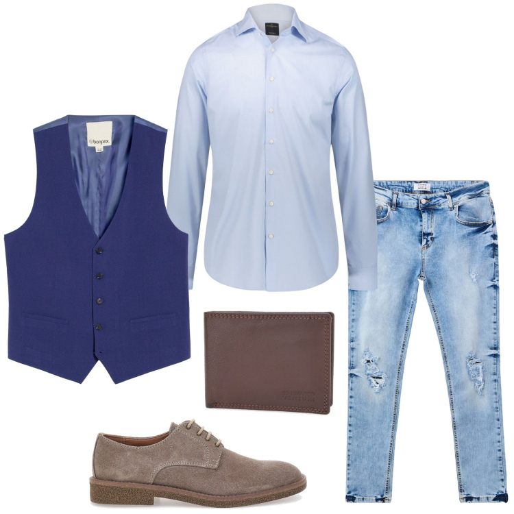 Outfit uomo - Aperitivo casual. Stile Casual per Serata speciale. Abbinamento con gilet, jeans strappati, camicie, portafogli, scarpe stringate.