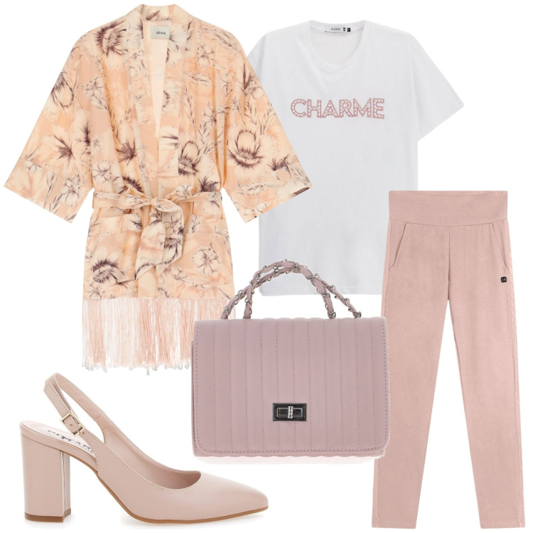 Outfit donna - Charme. Stile Casual chic per Serata fuori. Abbinamento con t-shirt, pantaloni, trench, décolleté, borse a tracolla.