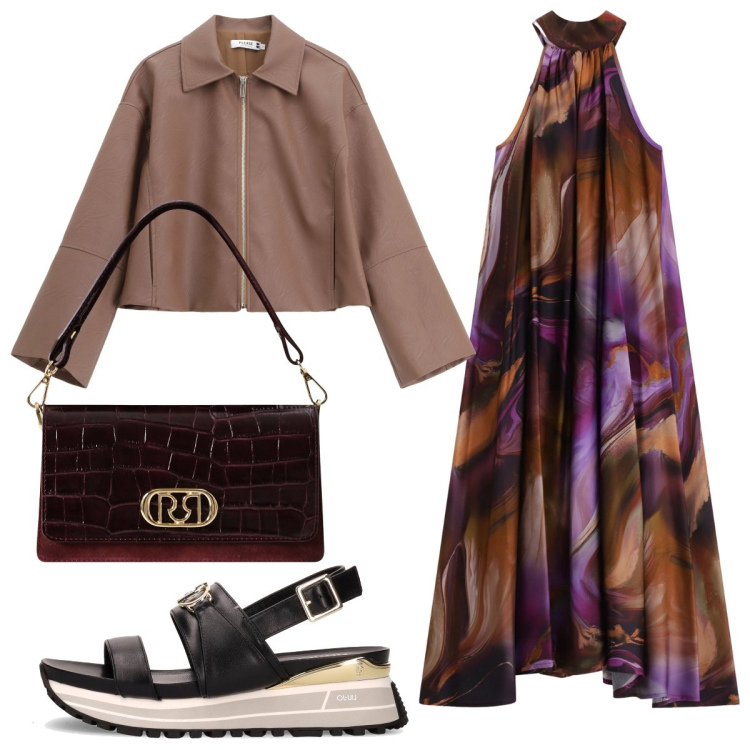 Outfit donna - In crociera a settembre. Stile Chic per Serata fuori. Abbinamento con borse a mano, blazer, vestiti midi/longuette, sandali.