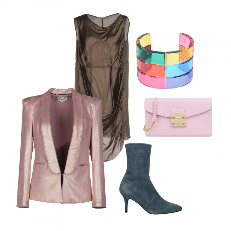 Outfit donna - Trendy #1294. Stile Trendy per Cerimonia. Abbinamento con blazer, vestito in cupro, bracciale, stivaletti blu, pochette.