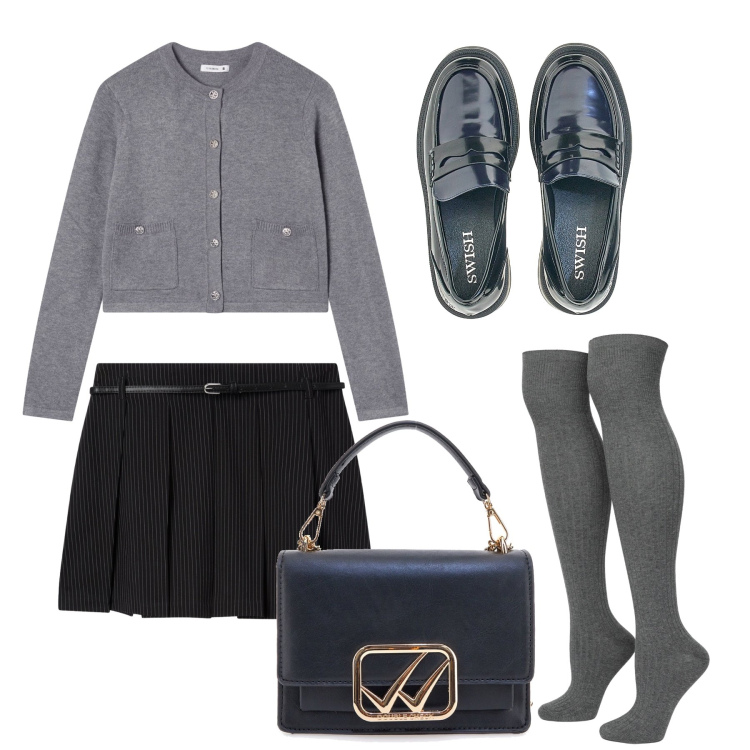 Outfit donna - Autunno preppy con le parigine. Stile Preppy per Tutti i giorni. Abbinamento con cardigans, calzini, minigonne, mocassini, borse a tracolla.