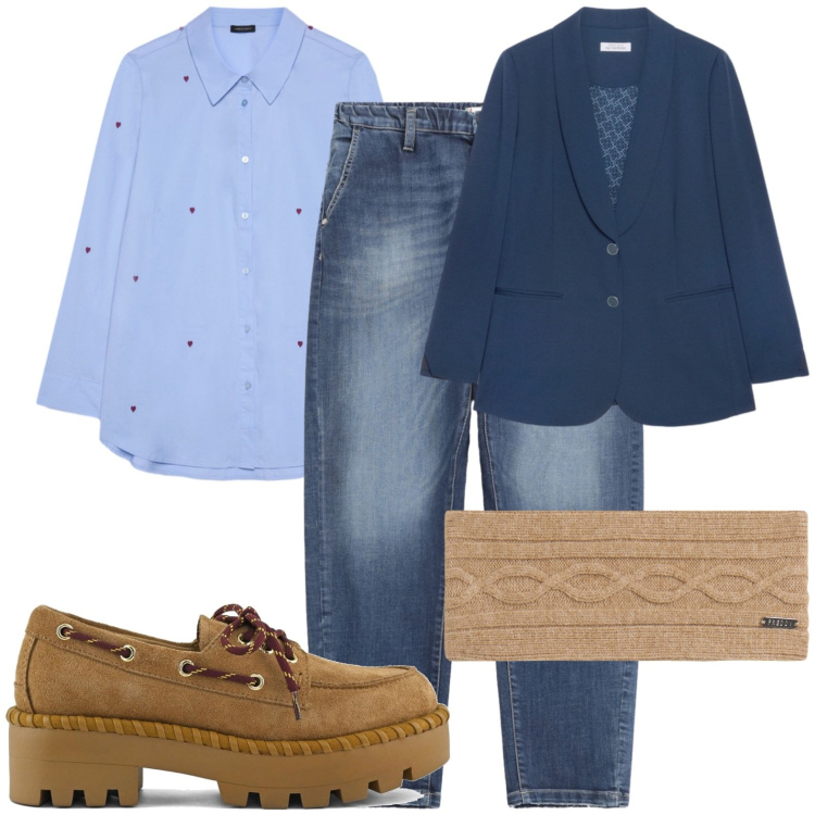 Outfit donna - Blazer e cuoricini. Stile Casual per Ufficio. Abbinamento con jeans, accessori per capelli, camicie, scarpe stringate, blazer.