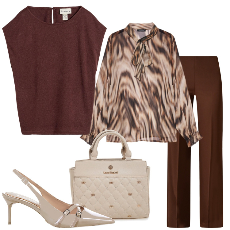 Outfit donna - Serata con amici. Stile Casual chic per Serata fuori. Abbinamento con maglieria, pantaloni a palazzo, décolleté, borse a mano, bluse.