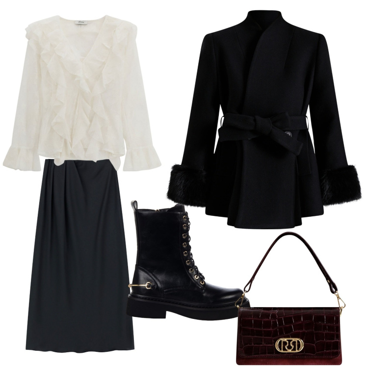 Outfit donna - Soft dark. Stile Urban per Serata fuori. Abbinamento con anfibi, borse a mano, cappotti, camicie, gonne lunghe.