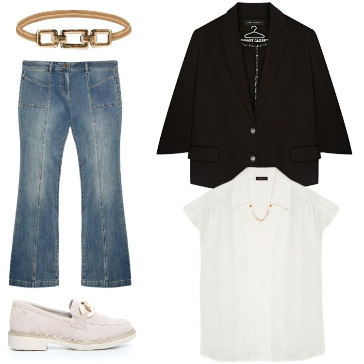 Outfit donna - Total look #2240662. Stile Casual per Ufficio. Abbinamento con cinture, mocassini, jeans, bluse, blazer.