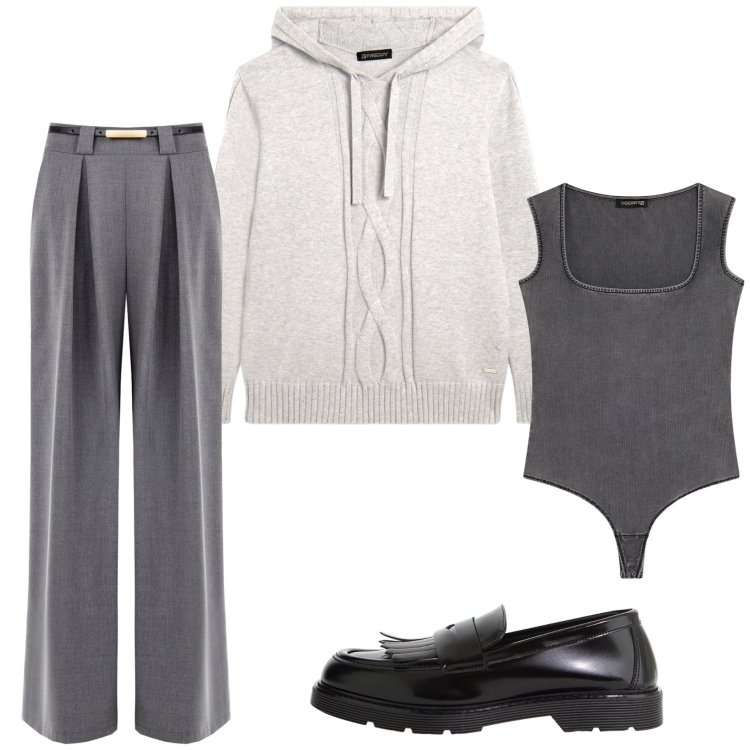 Outfit donna - Chi lo ha detto che il grigio è noioso?. Stile Urban per Serata fuori. Abbinamento con pantaloni a palazzo, mocassini, body, maglieria.