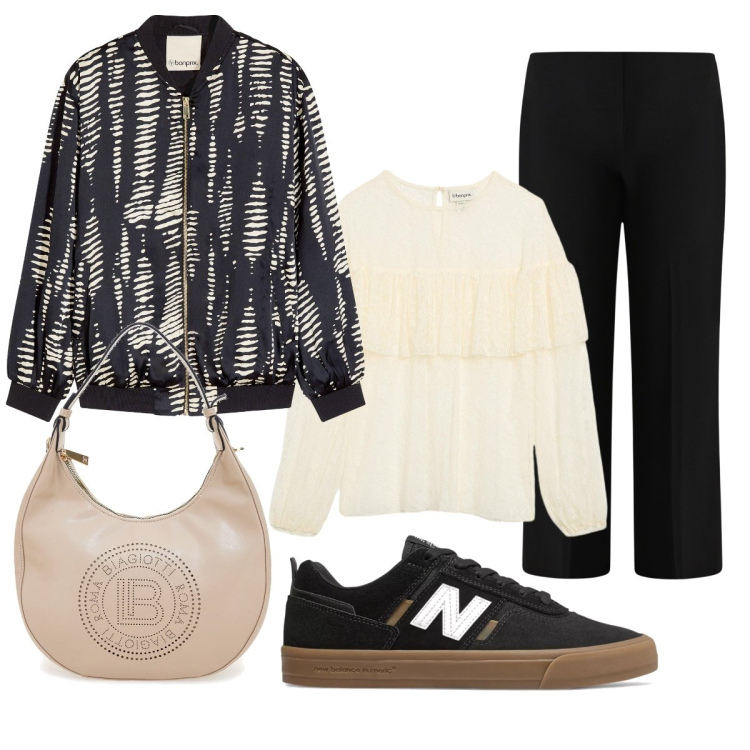 Outfit donna - Perfetta con il bomber. Stile Trendy per Tutti i giorni. Abbinamento con bluse, bomber, sneakers, pantaloni a palazzo, borse a spalla.