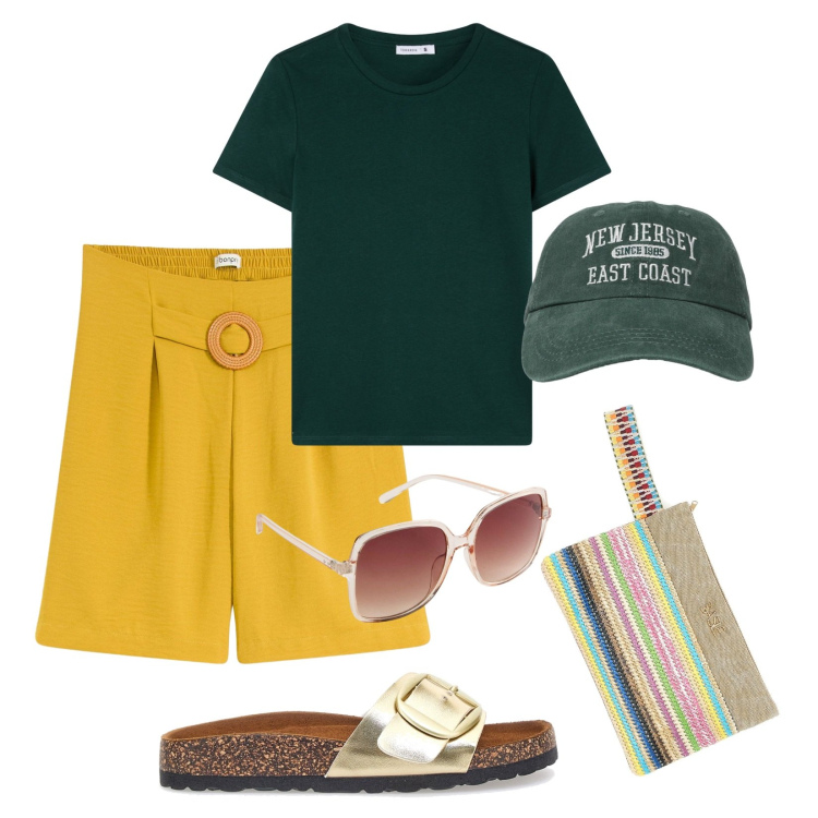 Outfit donna - Giornata di relax in ferie!. Stile Minimal per Mare. Abbinamento con occhiali da sole, shorts, cappelli con visiera, t-shirt, ciabatte, pochette.