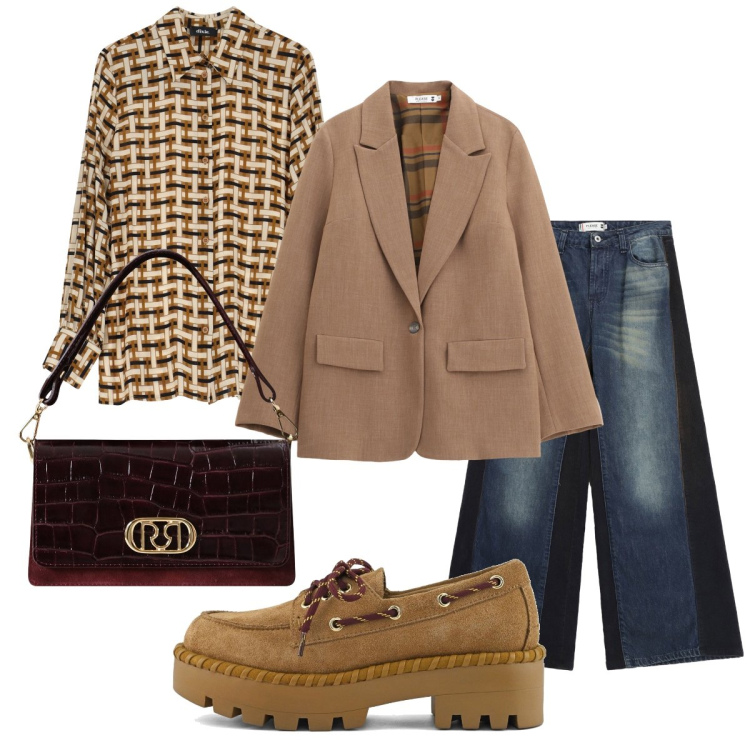 Outfit donna - Il blazer beige. Stile Sporty chic per Tutti i giorni. Abbinamento con borse a mano, jeans a zampa, blazer, camicie, scarpe stringate.