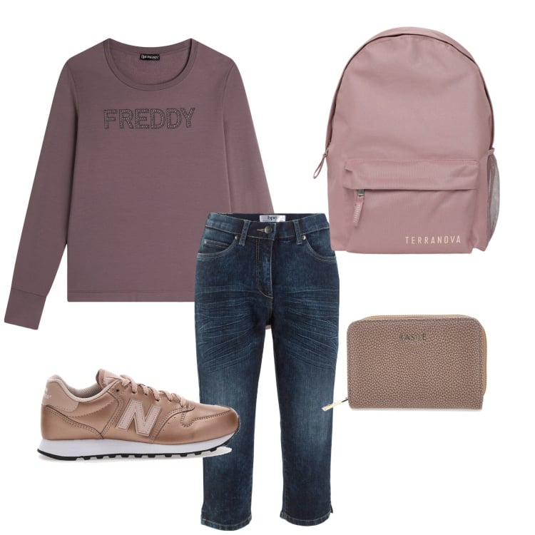 Outfit donna - Ritorno a scuola. Stile Casual per Scuola/Università. Abbinamento con jeans, zaini, felpe, sneakers, portafogli.