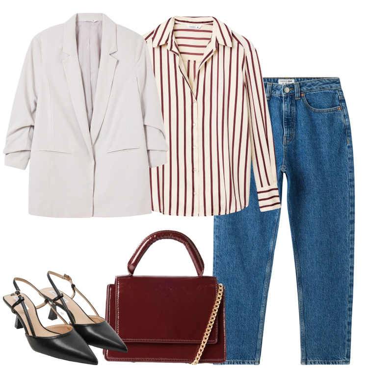 Outfit donna - La camicia a righe. Stile Casual chic per Scuola/Università. Abbinamento con jeans mom, blazer, sabot, borse a tracolla, camicie.