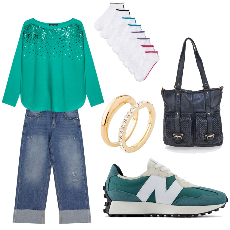Outfit donna - Total look #2240678. Stile Casual per Tutti i giorni. Abbinamento con calzini, anelli, sneakers, jeans dritti, felpe, borse a spalla.