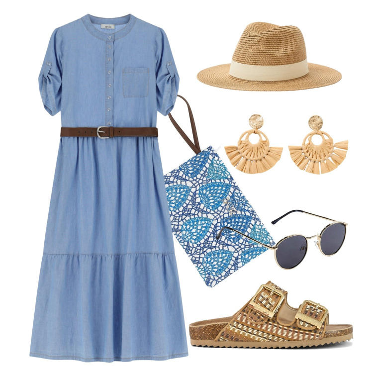 Outfit donna - Accessori mix & match. Stile Minimal per Mare. Abbinamento con occhiali da sole, orecchini, cappelli, vestiti, sandali, pochette.