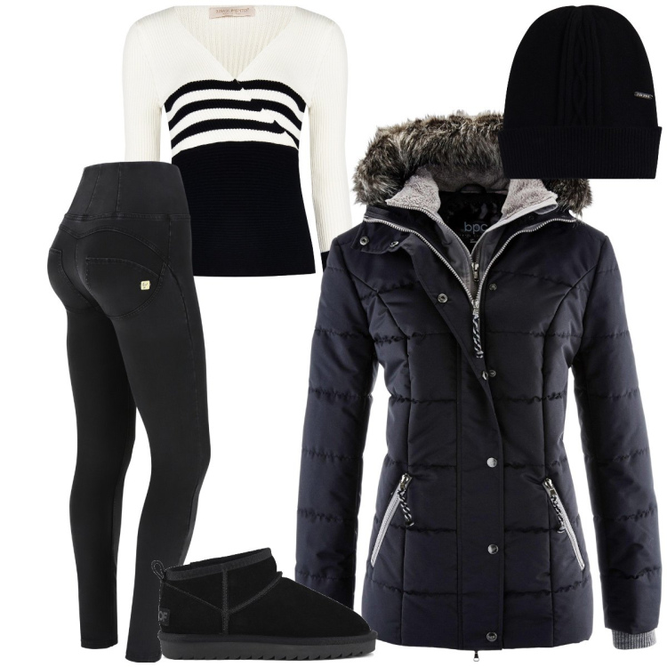 Outfit donna - Inverno. Stile Basic per Tutti i giorni. Abbinamento con piumini, maglieria, jeans skinny, cappelli, stivali.