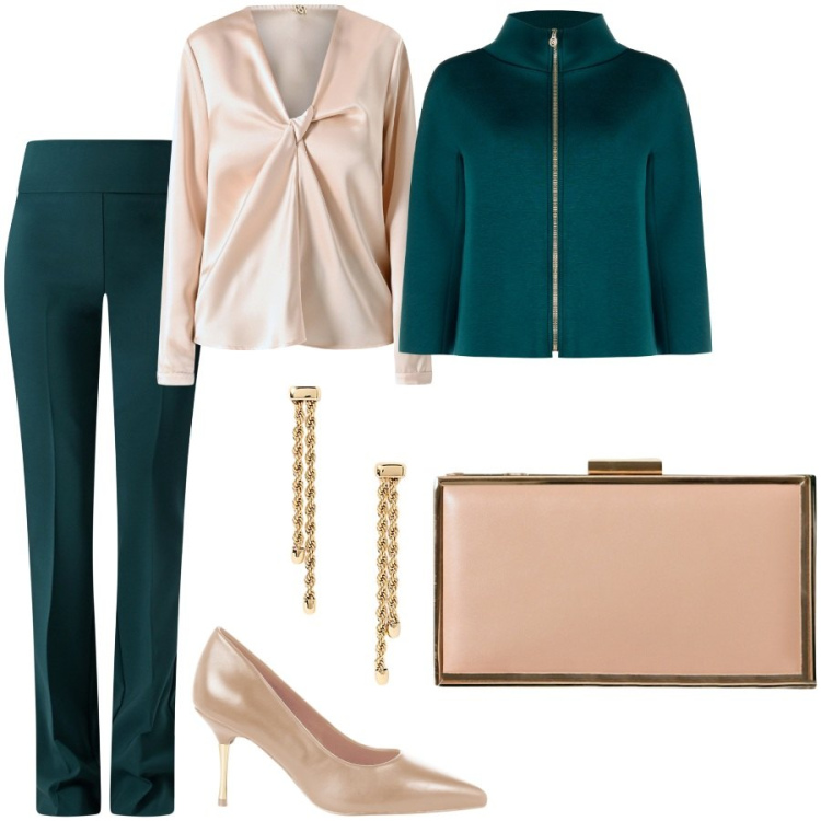 Outfit donna - Rinascimento style. Stile Chic per Serata fuori. Abbinamento con bluse, cappe, pantaloni, décolleté, pochette, orecchini.