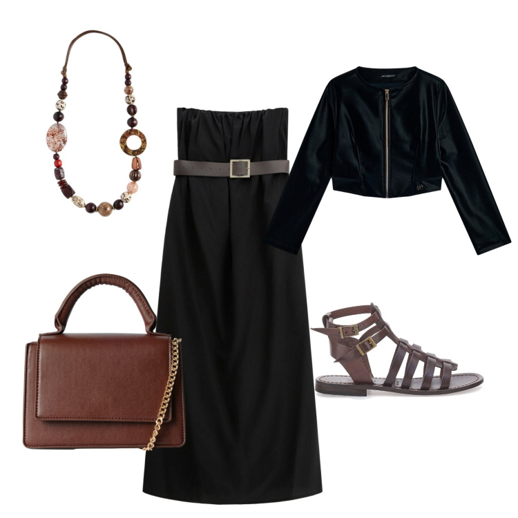 Outfit donna - Una sera di settembre. Stile Casual chic per Serata fuori. Abbinamento con borse a tracolla, vestiti lunghi, blazer, collane, sandali alla schiava.