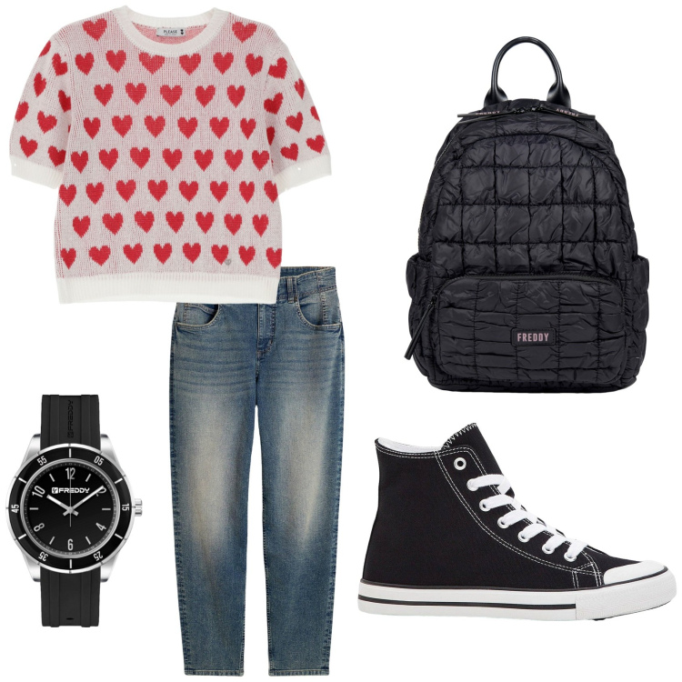 Outfit donna - Sfitinzia!!!. Stile Casual per Tutti i giorni. Abbinamento con sneakers alte, jeans mom, maglieria, orologi, zaini.
