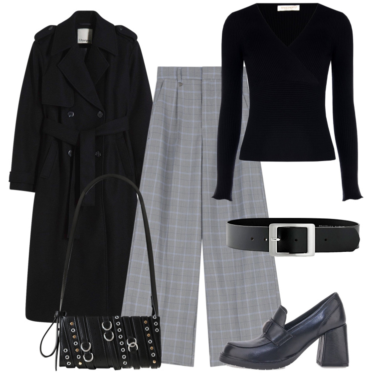 Outfit donna - Il trench pesante. Stile Urban per Tutti i giorni. Abbinamento con cinture, trench, borse a spalla, maglieria, pantaloni, mocassini.