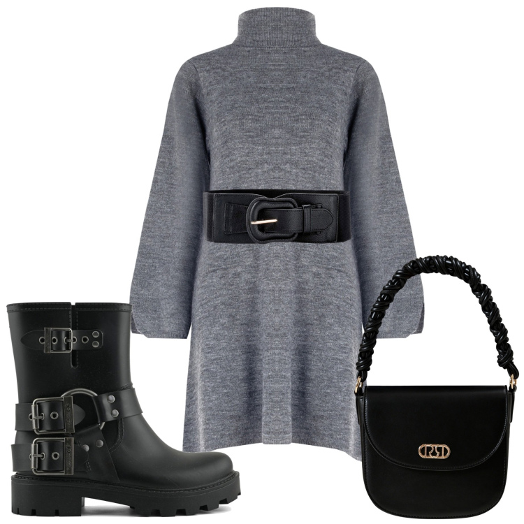 Outfit donna - Abito in maglia. Stile Minimal per Tutti i giorni. Abbinamento con cinture, borse a mano, vestiti corti, stivali.