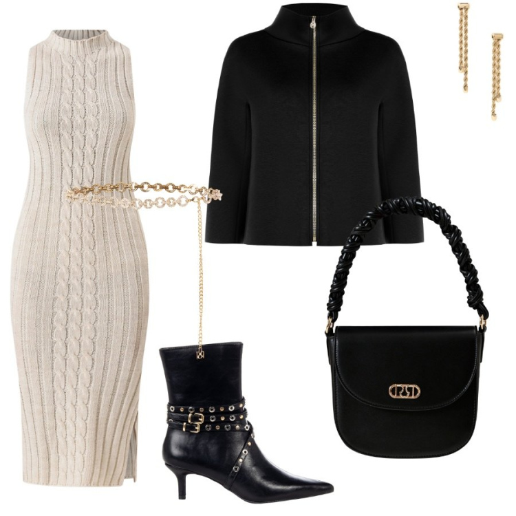 Outfit donna - Color crema e nero. Stile Glamour per Serata fuori. Abbinamento con stivaletti, vestiti midi/longuette, cinture, cappe, borse a mano, orecchini.