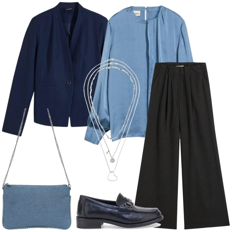 Outfit donna - Ufficio. Stile Mannish per Ufficio. Abbinamento con collane, blazer, bluse, pantaloni, borse a tracolla, mocassini.