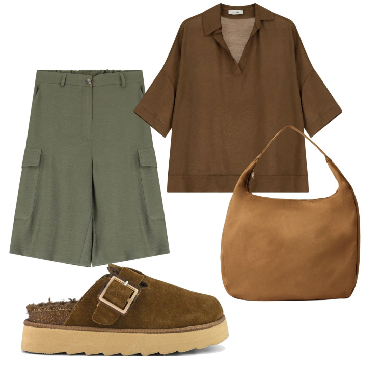 Outfit donna - Inaspettato. Stile Minimal per Tutti i giorni. Abbinamento con borse a mano, bluse, shorts, sabot.