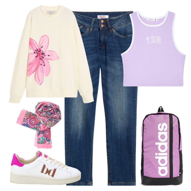 Outfit donna - Primo giorno di scuola!. Stile Casual per Scuola/Università. Abbinamento con jeans mom, felpe, canottiere, sneakers, zaini, foulard.