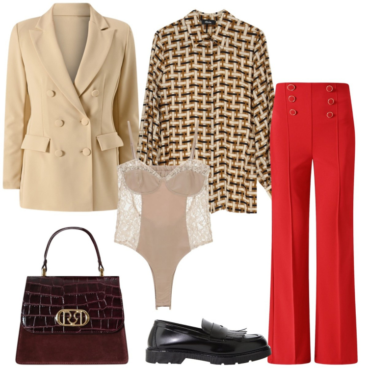 Outfit donna - Ufficio. Stile Chic per Ufficio. Abbinamento con pantaloni, blazer, borse a mano, mocassini, body, camicie.