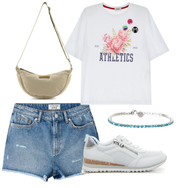 Outfit donna - Sportiva per il giorno. Stile Basic per Tutti i giorni. Abbinamento con shorts, t-shirt, braccialetti, sneakers, borse a tracolla.
