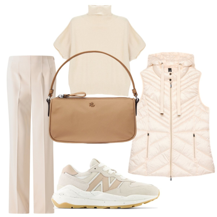 Outfit donna - Pronte per l’autunno. Stile Chic per Ufficio. Abbinamento con sneakers, pantaloni a palazzo, maglieria, pochette, piumini.