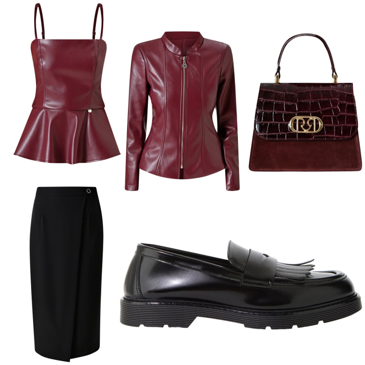 Outfit donna - Nero e bordeaux. Stile Chic per Serata fuori. Abbinamento con blazer, gonne, top, borse a mano, mocassini.