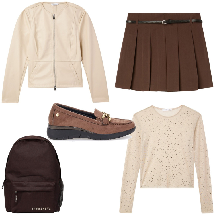 Outfit donna - Autumn color combination. Stile Preppy per Tutti i giorni. Abbinamento con blazer, maglieria, zaini, minigonne, mocassini.