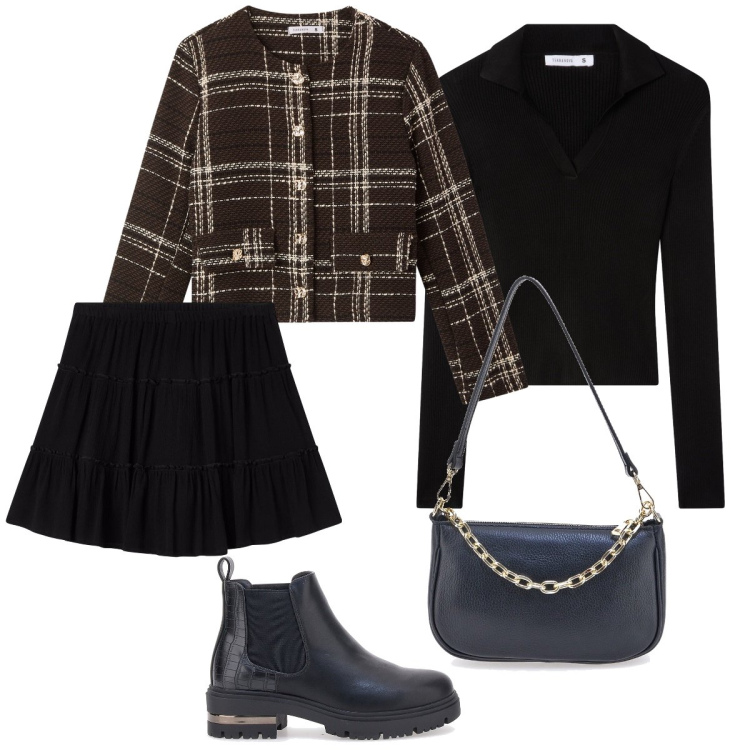 Outfit donna - Total look #2240723. Stile Casual per Tutti i giorni. Abbinamento con minigonne, blazer, maglieria, stivaletti chelsea, borse a tracolla.