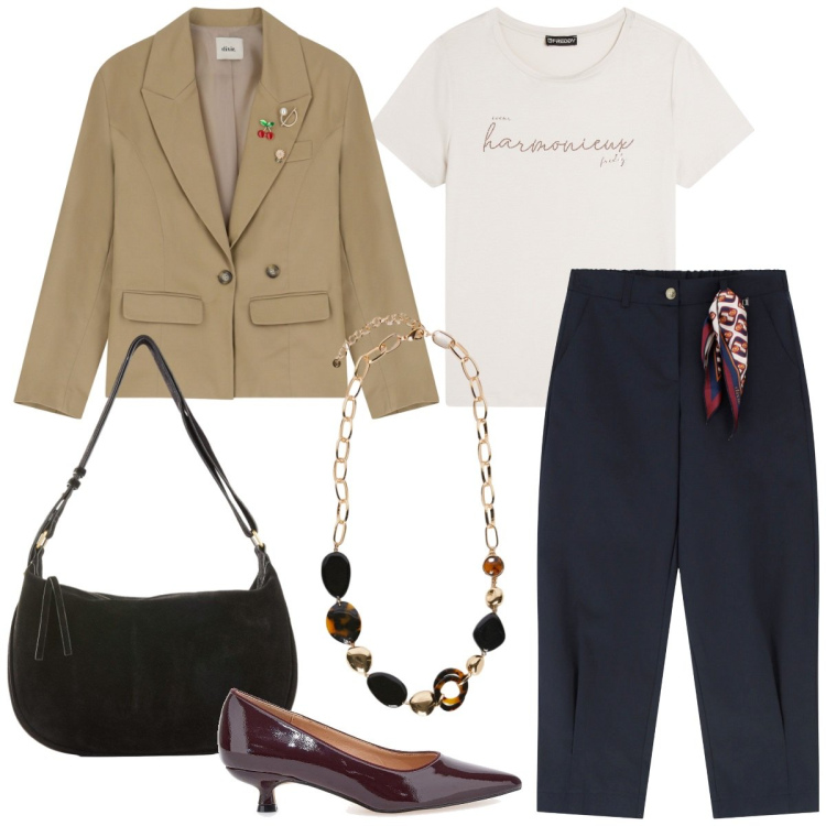 Outfit donna - Blazer Season. Stile Mannish per Ufficio. Abbinamento con borse a mano, t-shirt, pantaloni chino, blazer, décolleté, collane.