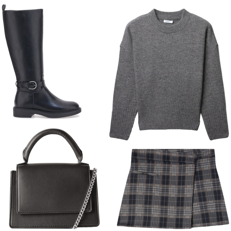 Outfit donna - Autumn trends. Stile Glamour per Tutti i giorni. Abbinamento con minigonne, maglieria, borse a tracolla, stivali sopra il ginocchio.